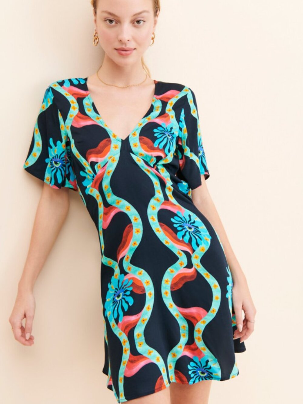 Kinga Csilla Lopez Tulip Mini Dress Floral Eye Print Colorful Artisanal Vacation
